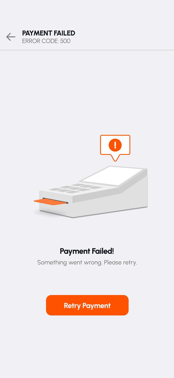 Payment failed, error code 500, with a retry button