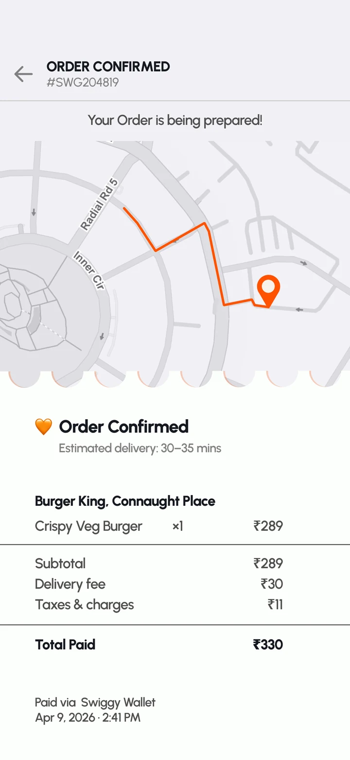 Order confirmed: the delivery map and the receipt for the order