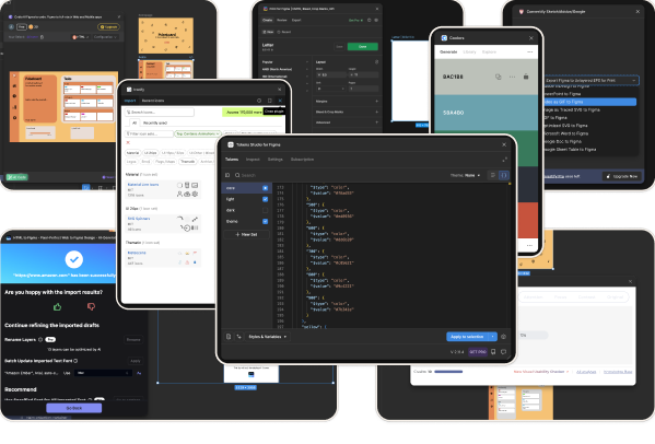 A dozen separate plugin windows stacked over one another inside Figma