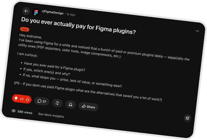 A community post asking designers whether they actually pay for Figma plugins