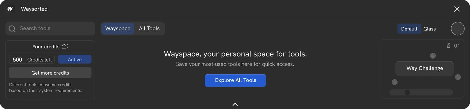 The Waysorted workspace: search, credits, Wayspace and the tool tray